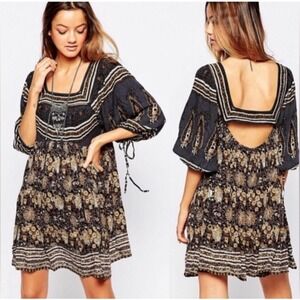 Free People Night Comb Mini Dress‎ Size S Floral Paisley Bohemian Open Back New